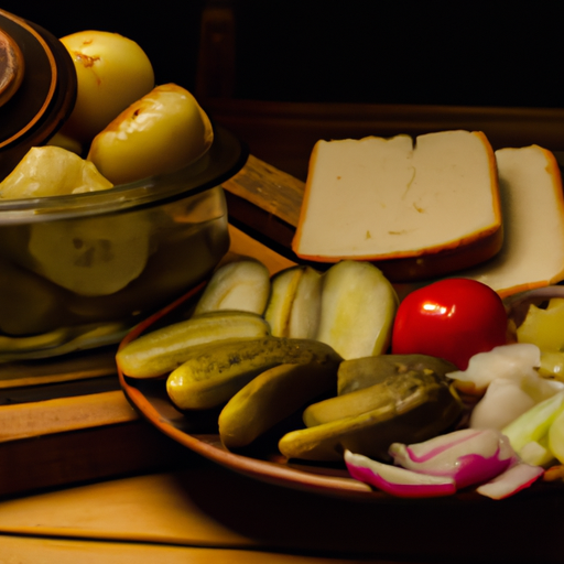 תמונה של ממרח רוסי כפרי, המציג מאכלים בסיסיים כמו לחם, תפוחי אדמה וירקות כבושים