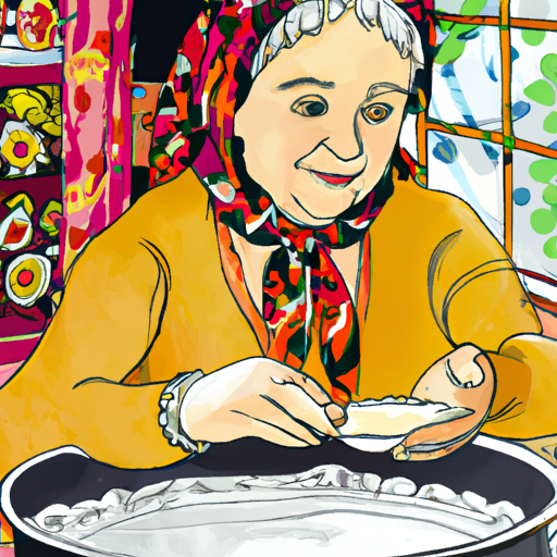 איור היסטורי של סבתא רוסייה, או 'באבושקה', מכינה מאכלים מסורתיים במטבח שלה